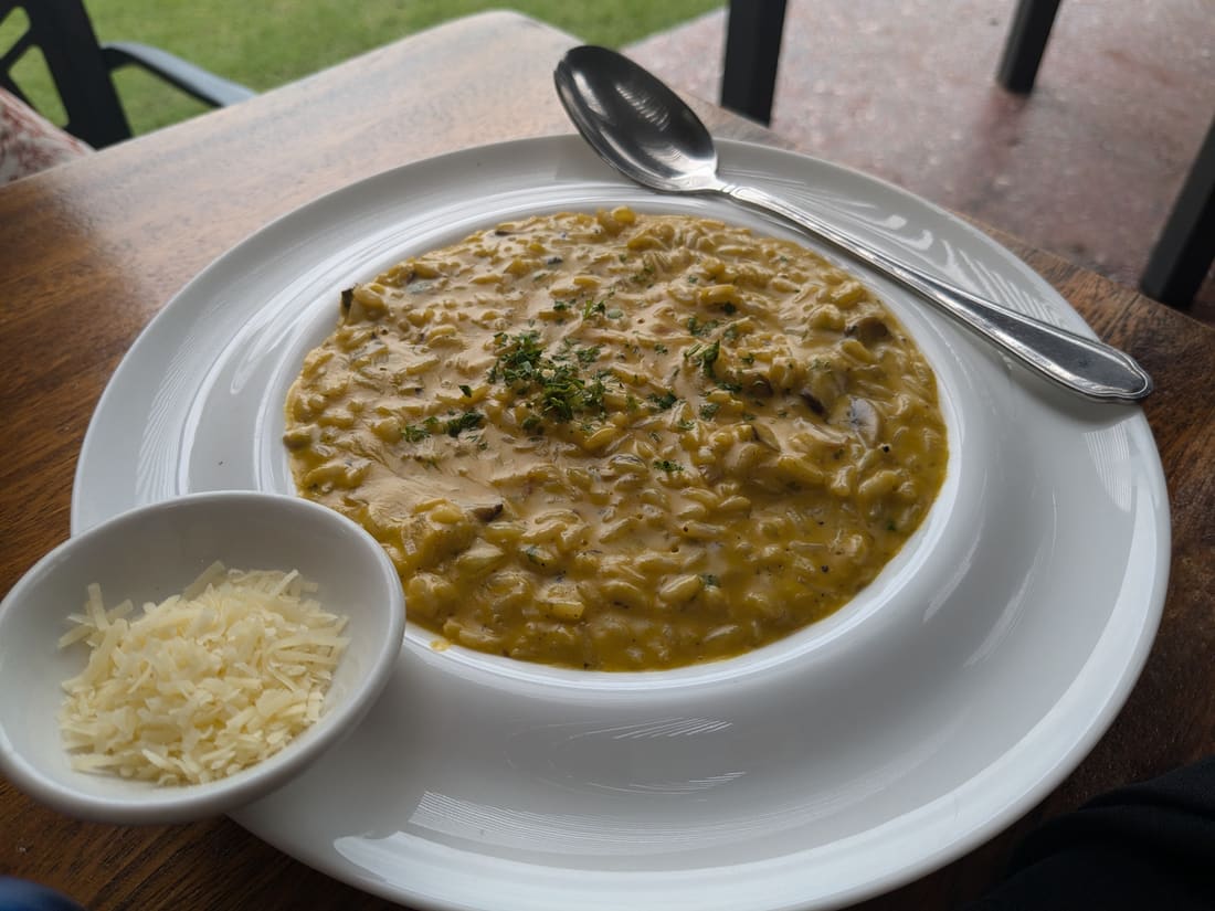 A bowl of mushroom and pumpkin risotto topped with chopped herbs, with grated parmesan in a small dish.